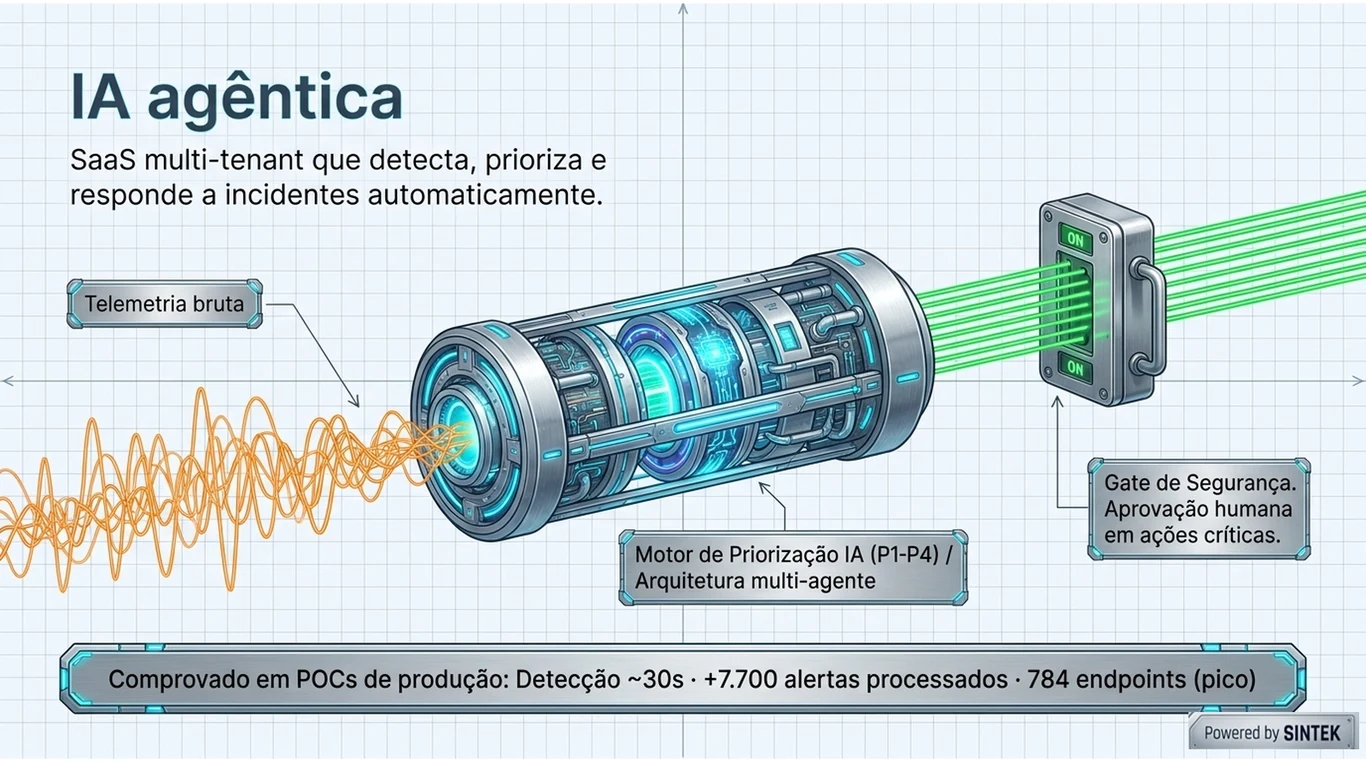 Slide: IA agêntica — telemetria bruta passa pelo motor de priorização IA (P1–P4) multi-agente e pelo gate de segurança com aprovação humana