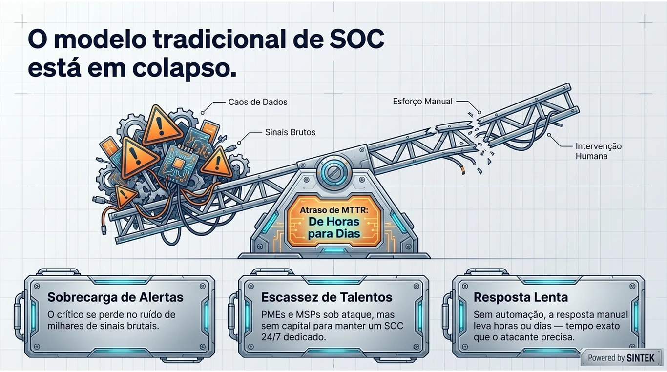 Slide: o modelo tradicional de SOC está em colapso — sobrecarga de alertas, escassez de talentos e resposta lenta